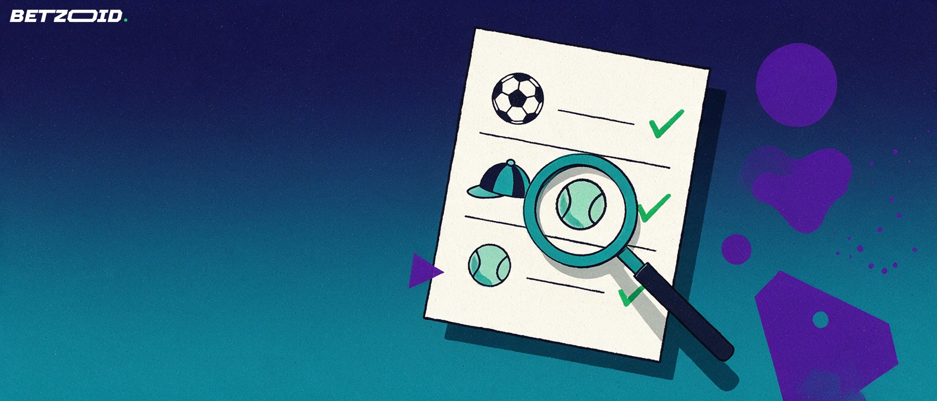Illustration of a large betting slip showing football, horse racing and tennis symbols with tick marks, examined through a magnifying glass.