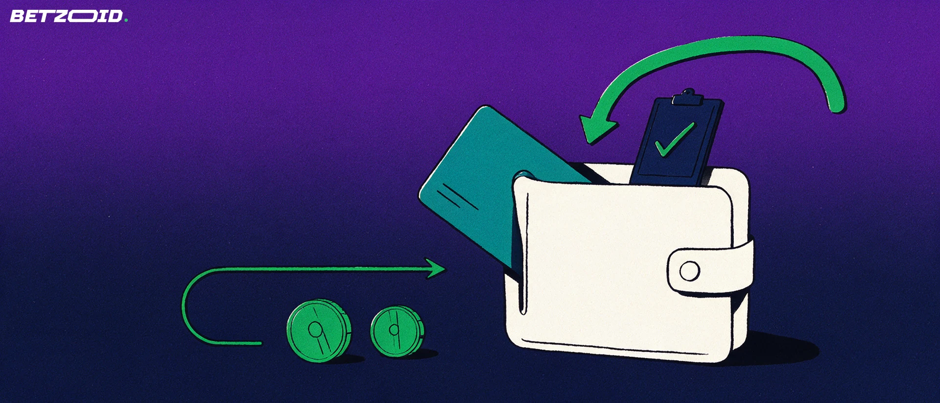 Illustration of a bank card sliding into a wallet with green arrows showing money going in and out, beside a clipboard with a tick.