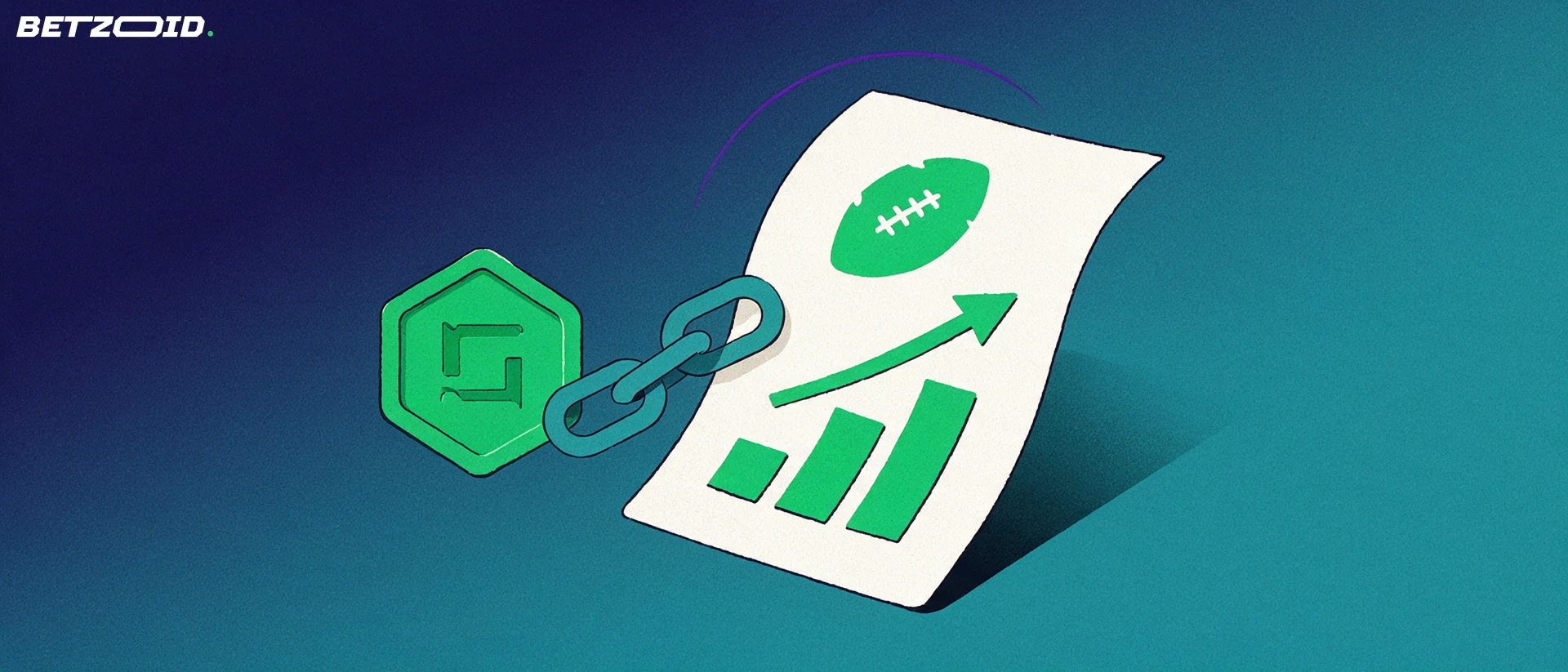 Illustration of a betting slip with a ball symbol and rising odds bars linked by chain to a hexagonal crypto coin
