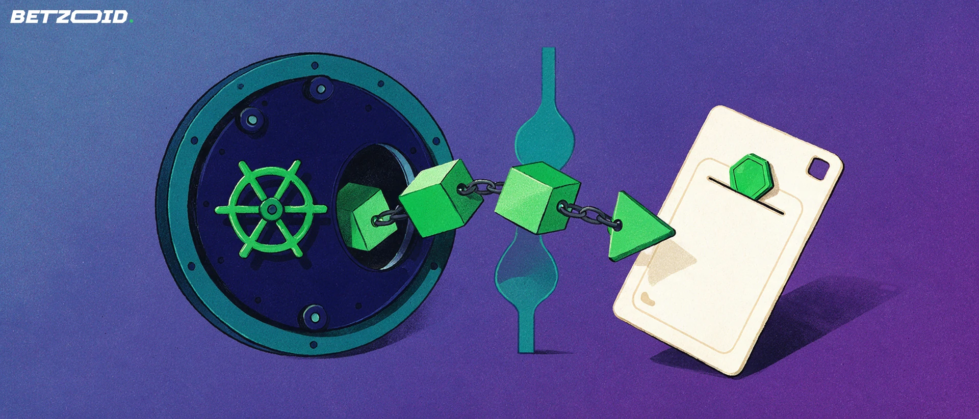 Illustration of an open vault releasing chained blocks as an arrow into a wallet card holding a hexagonal crypto token, with an hourglass behind