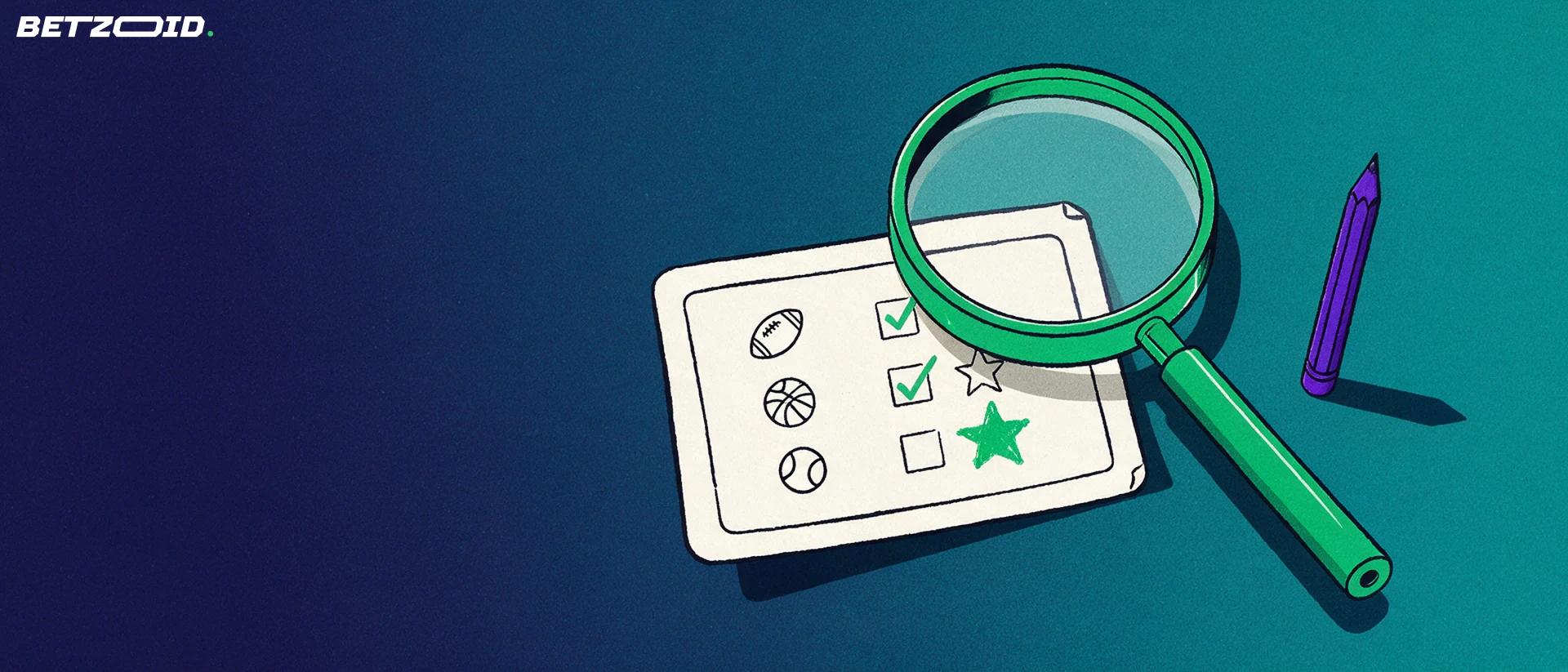 Illustration of a large magnifying glass examining a sports betting slip marked with football, basketball and tennis symbols, tick marks and a star stamp.