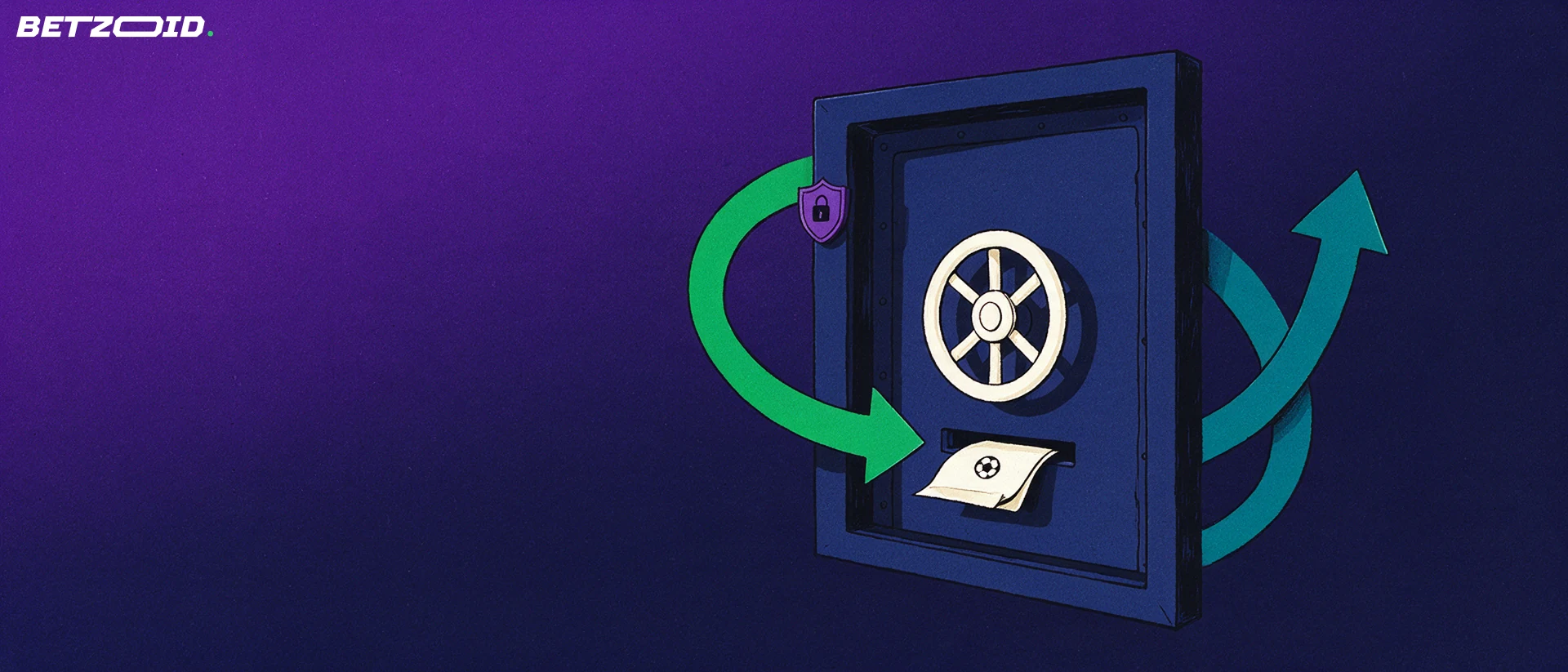 Illustration of a vault door with a betting slip sliding into a slot and two curved arrows showing money going in and out.