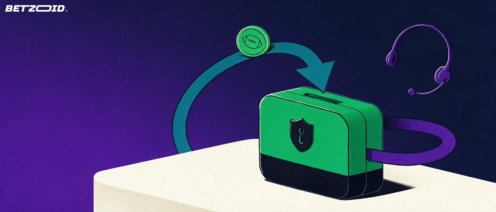 Illustration of a strongbox wallet with arrows carrying a football token in and out, beside a floating support headset.