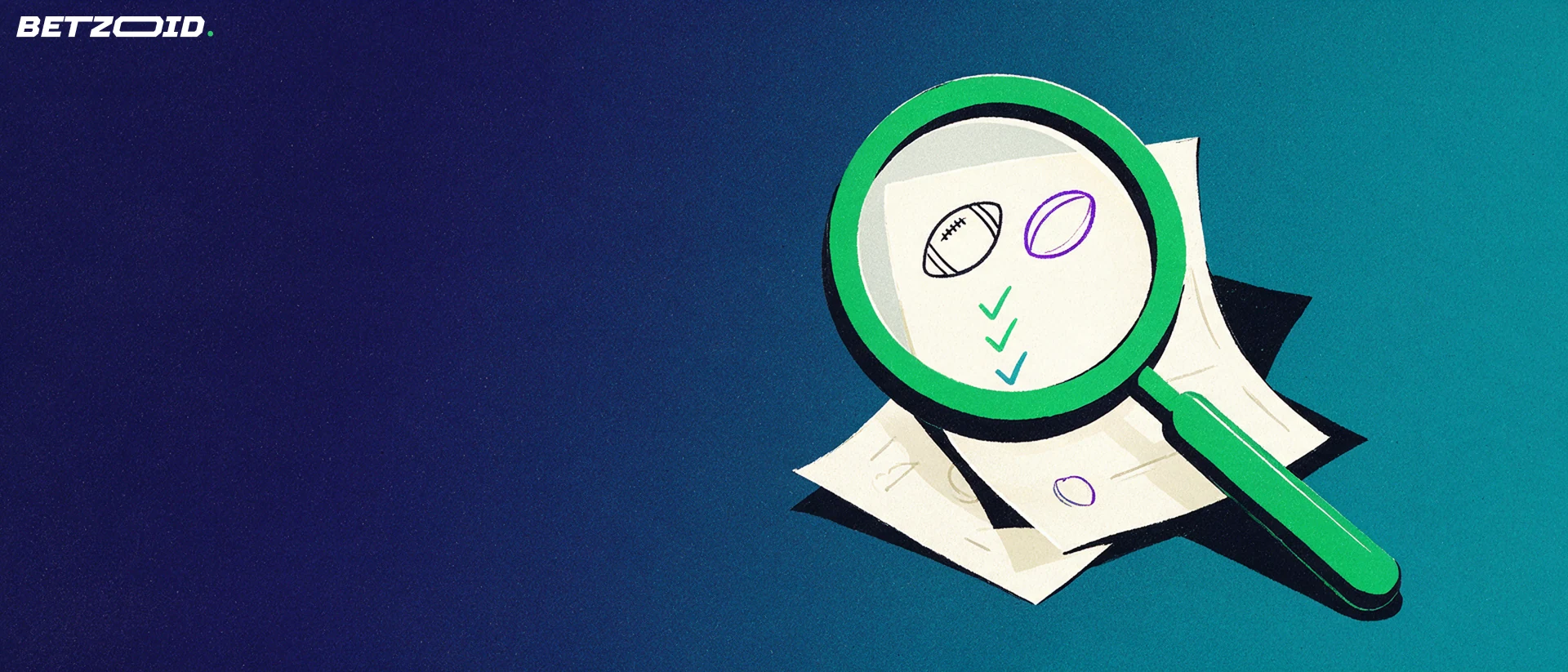 Illustration of a large magnifying glass enlarging football and rugby symbols on a paper betting slip.