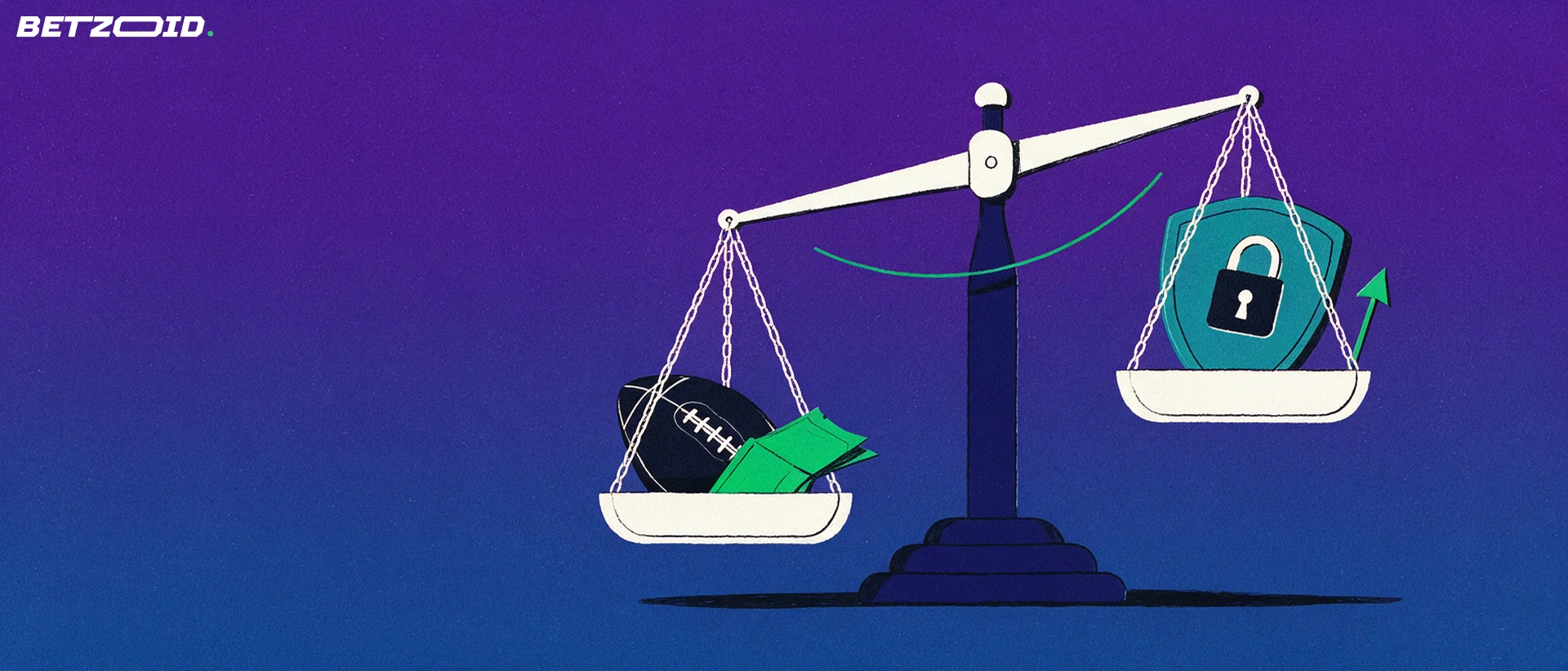 Illustration of a balance scale weighing a football and betting slip against a shield with a padlock.