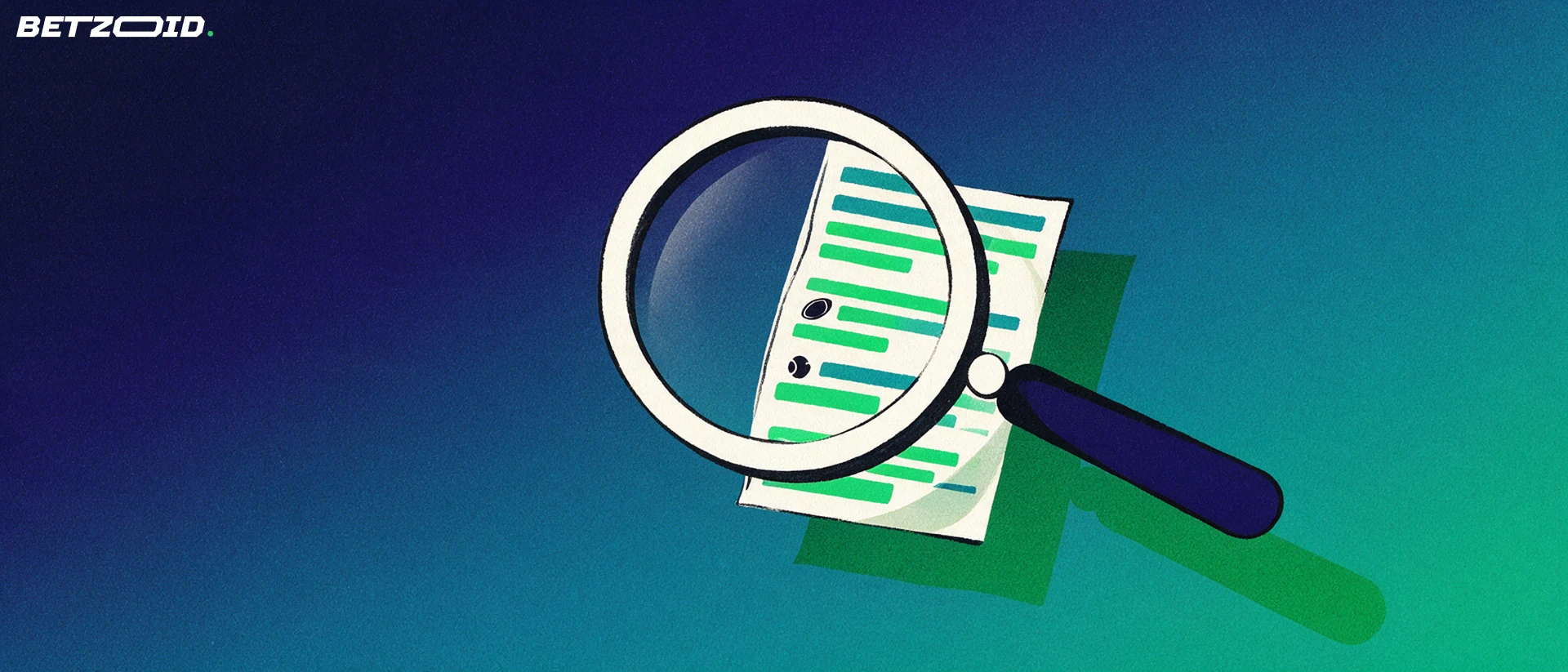 Illustration of a large magnifying glass examining a folded betting slip marked with football, tennis and rugby symbols.