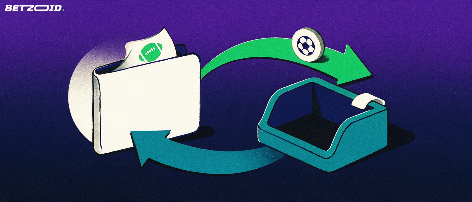 Illustration of a wallet holding a betting slip connected by two curved arrows to a cash-desk slot, forming a deposit and withdrawal loop.