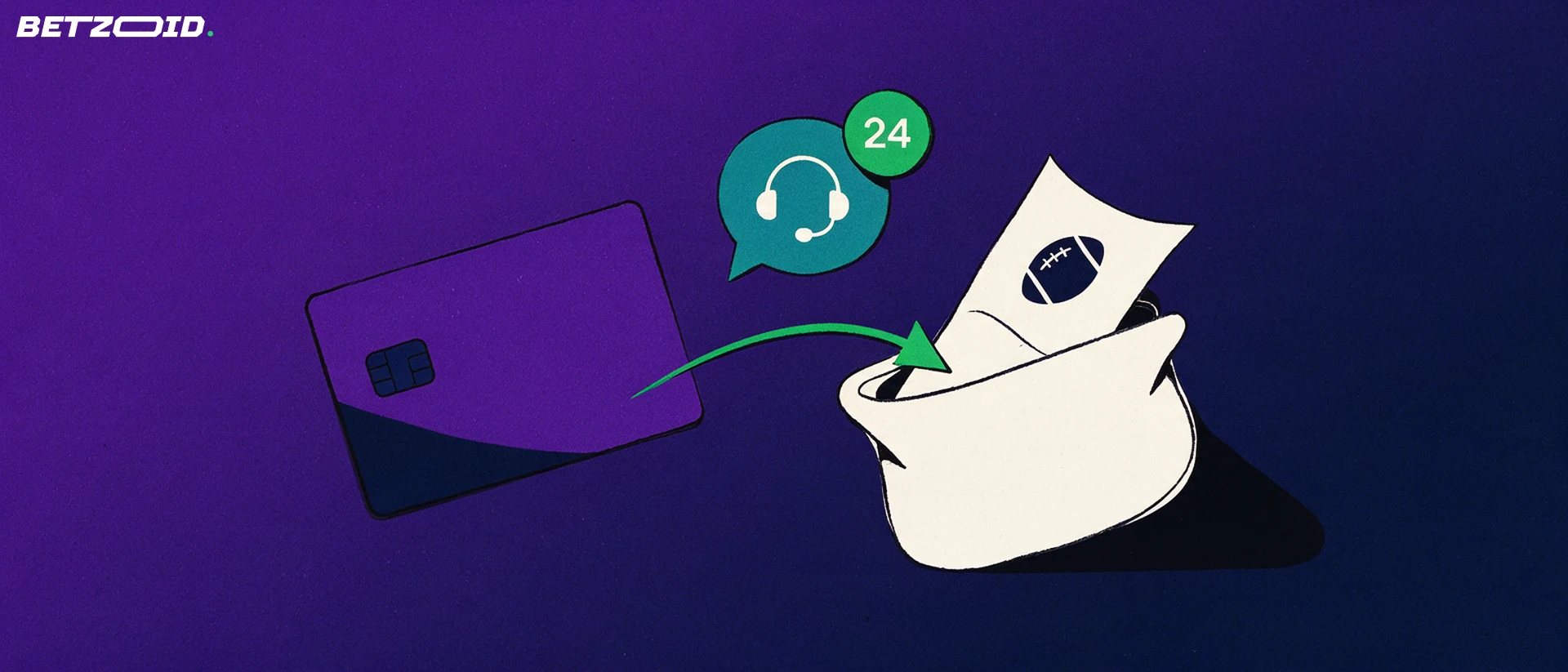 Illustration of a bank card with an arrow flowing into a wallet holding a betting slip, beside a support speech bubble with a headset icon and a badge reading 24.