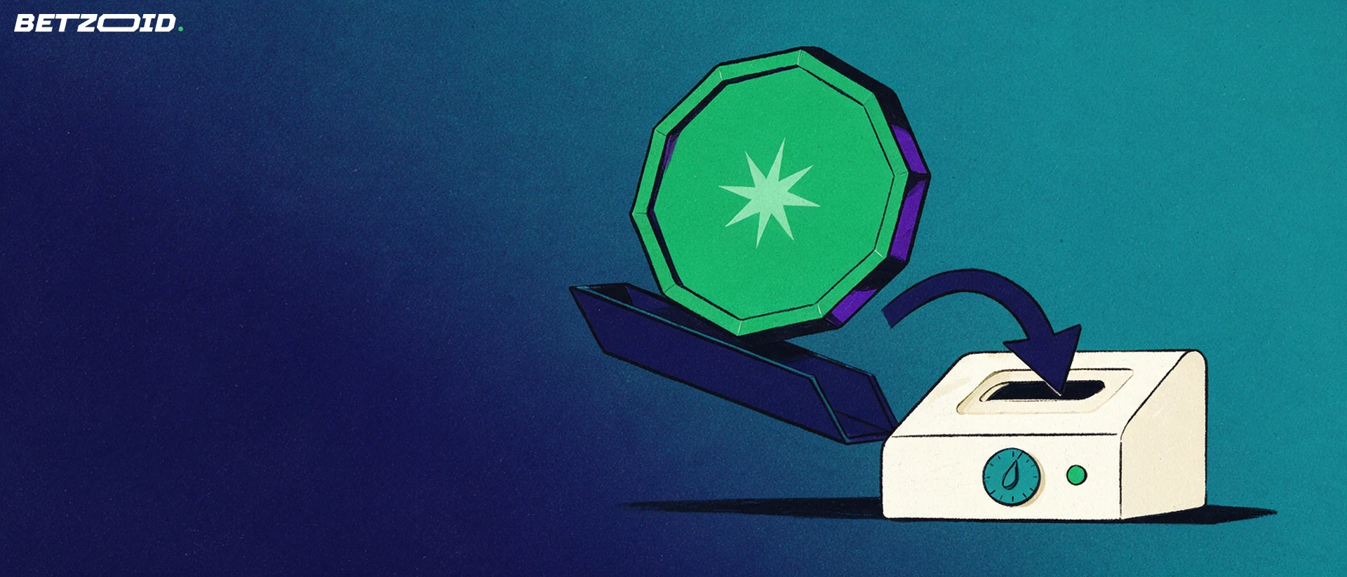 Illustration of a large faceted crypto token sliding down a chute into the slot of a small cashier console, with an arrow showing the deposit direction.