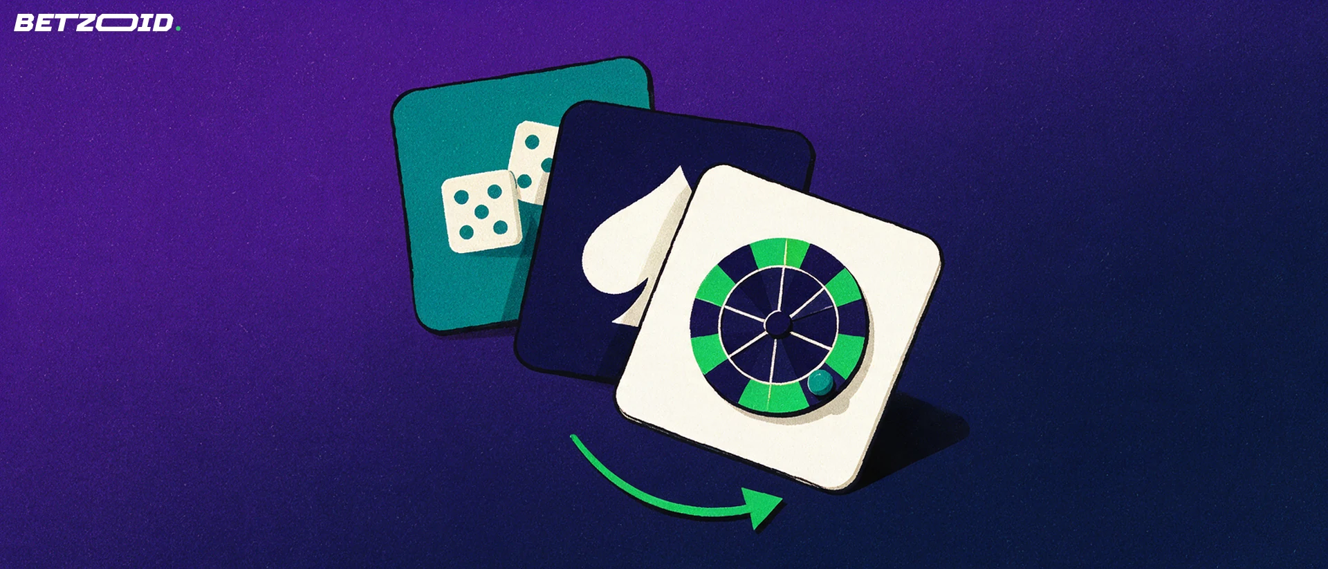 Illustration of three fanned casino game tiles showing dice, a spade symbol and a roulette wheel, with a curved arrow suggesting browsing between them.