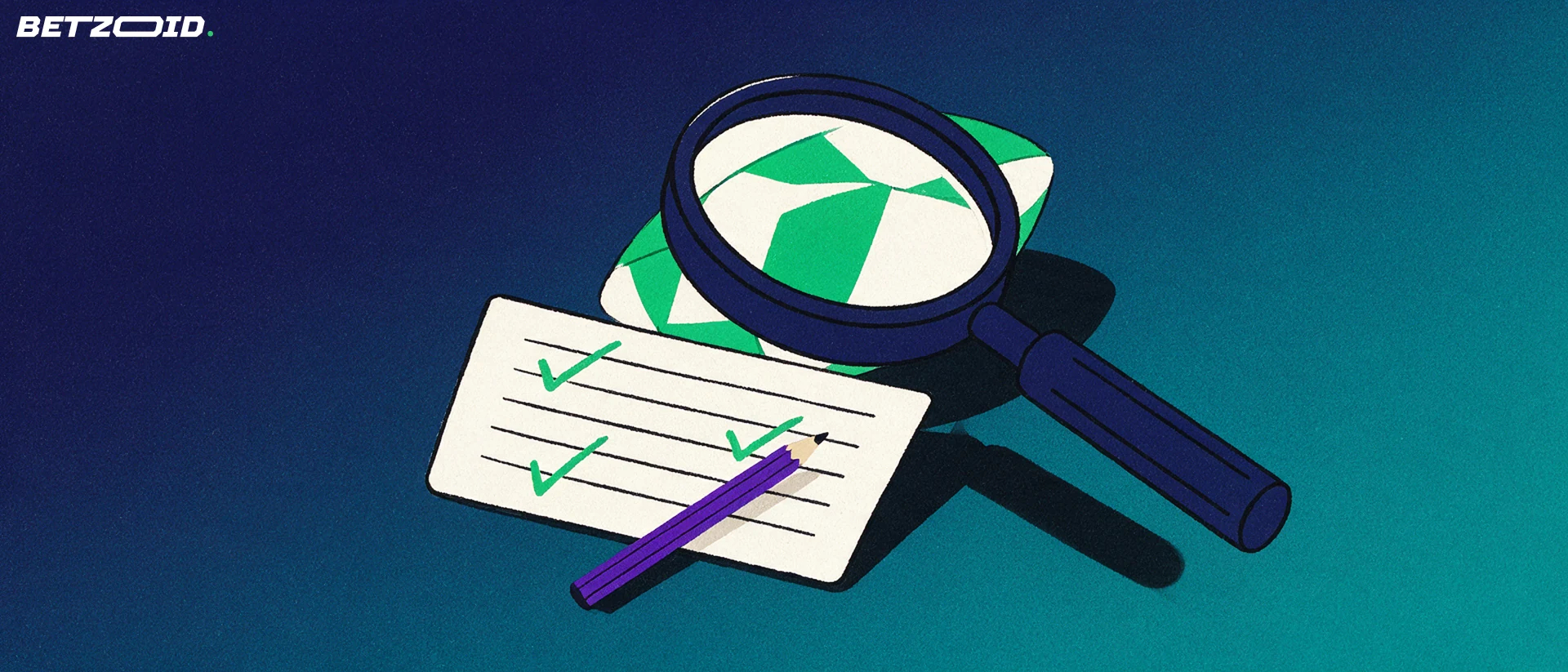 Illustration of a magnifying glass enlarging a football above a blank betting slip marked with check marks and a pencil.
