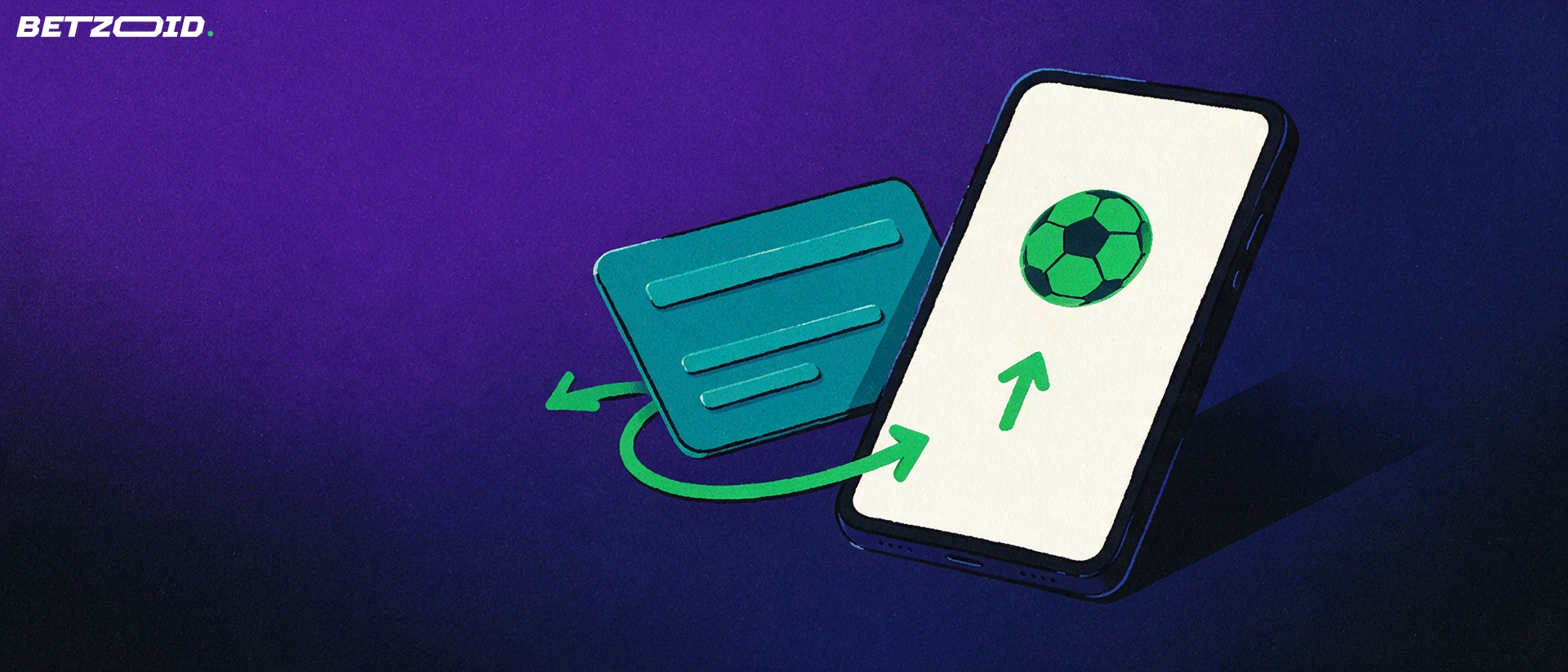 Illustration of a tilted smartphone showing a football symbol, a plain payment card and a circular arrow between them.