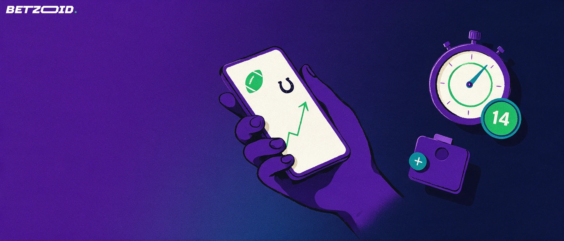 Illustration of a hand holding a phone showing football and horseshoe icons with a rising line, beside a stopwatch and a payment card shape.
