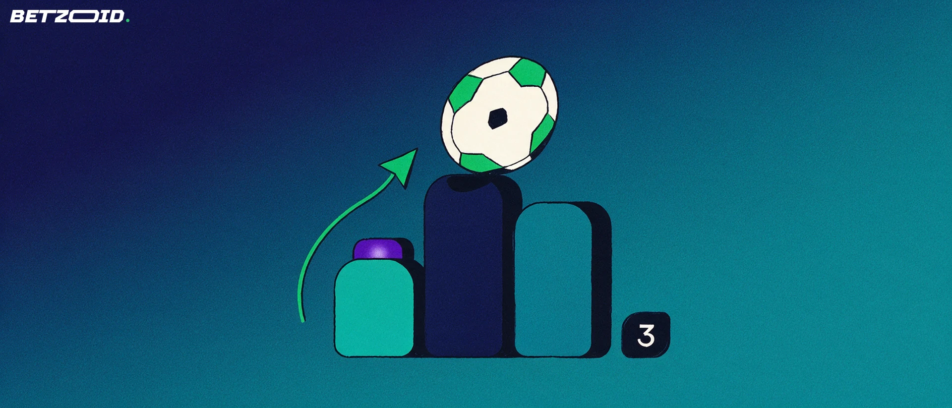 Illustration of a football balanced on the tallest of three rising bars with an upward arrow beside them.