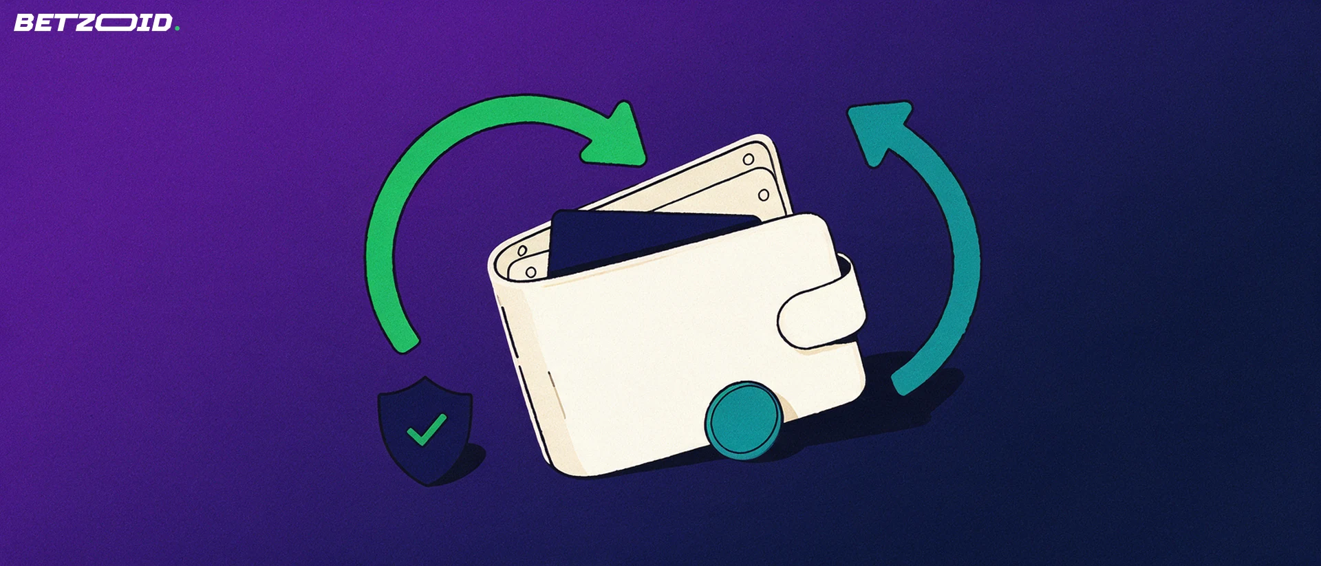 Illustration of an open wallet with a payment card, a coin and two curved arrows showing money in and out, next to a small shield with a check mark.
