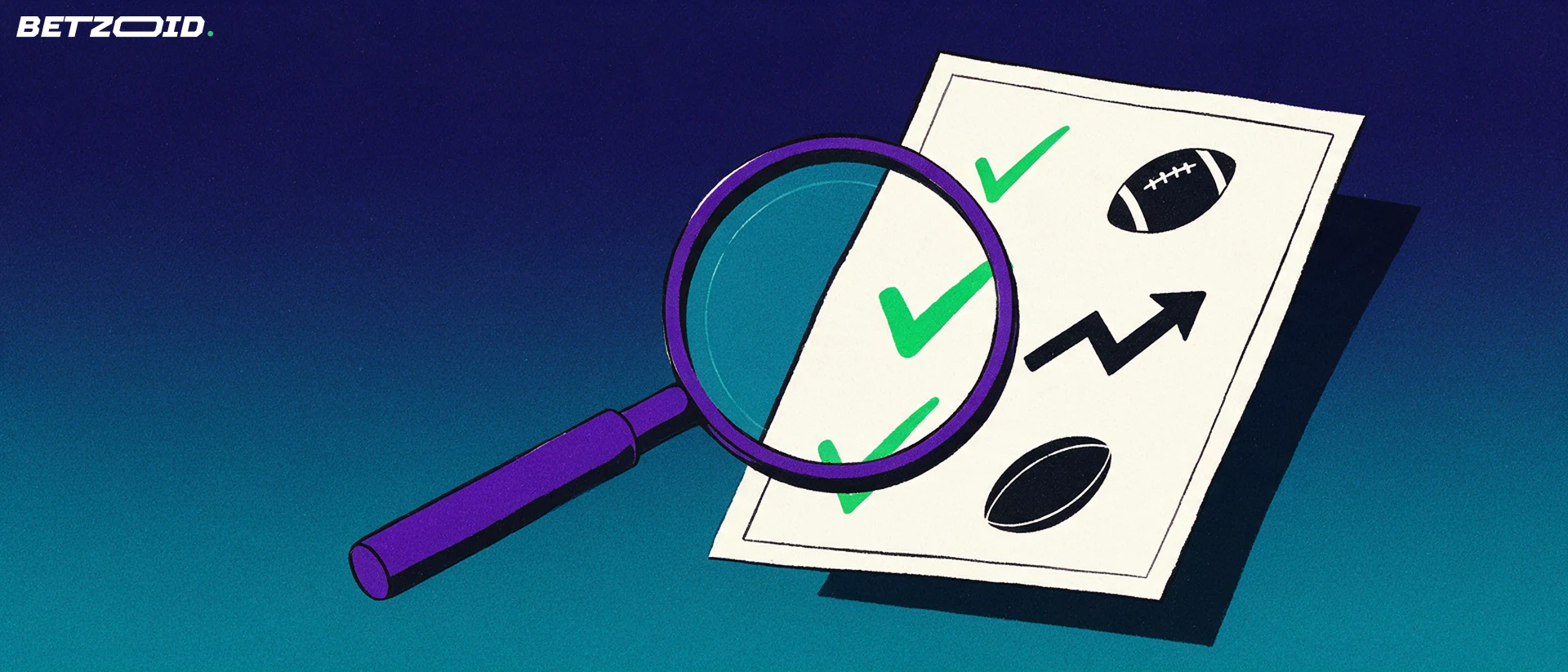 Illustration of a large magnifying glass examining a paper betting slip marked with football and rugby symbols and green tick marks.