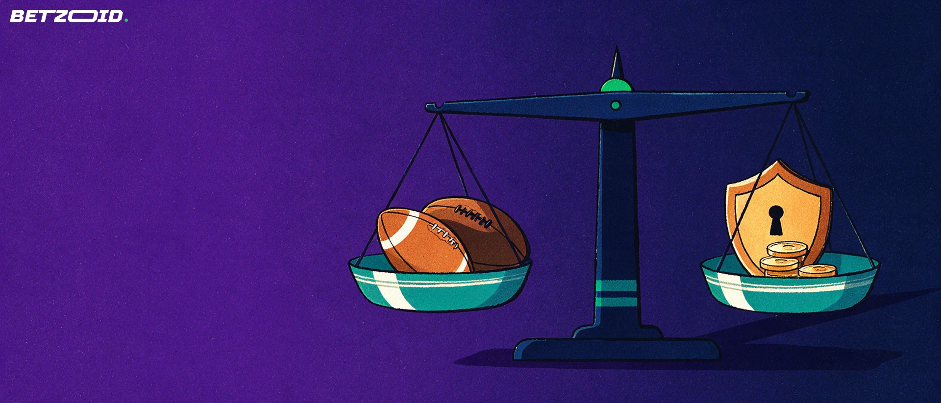 Illustration of a balance scale weighing two sports balls against a keyhole shield and a small stack of coins.