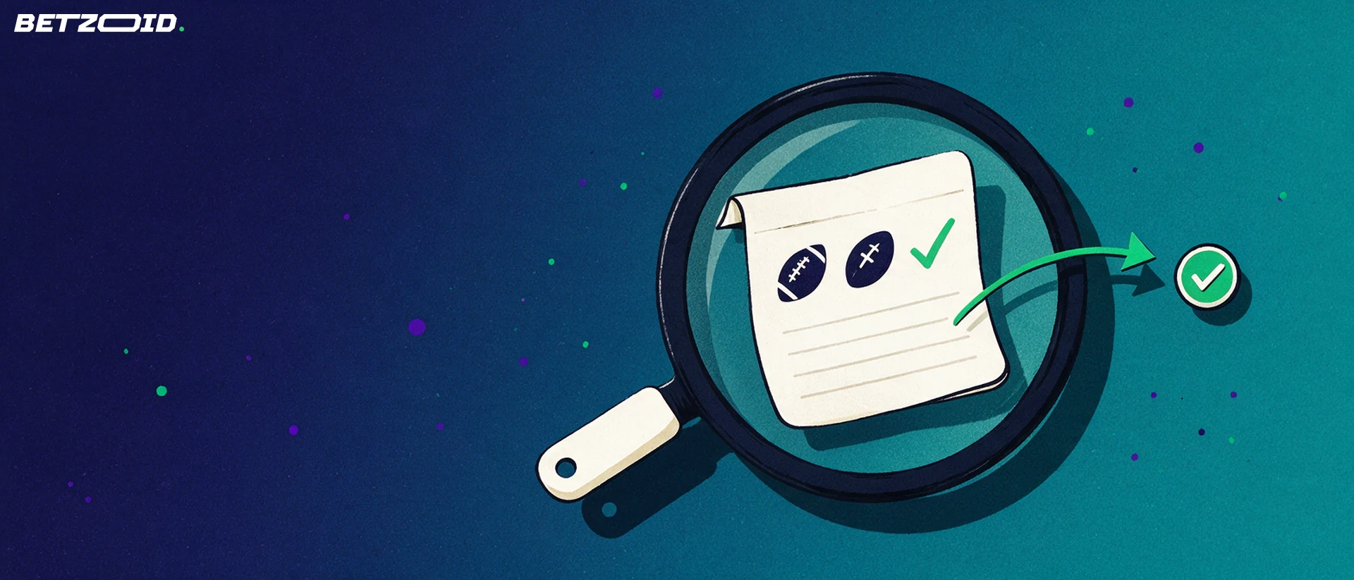 Illustration of a large magnifying glass inspecting a sports betting slip marked with football, rugby and tick symbols.