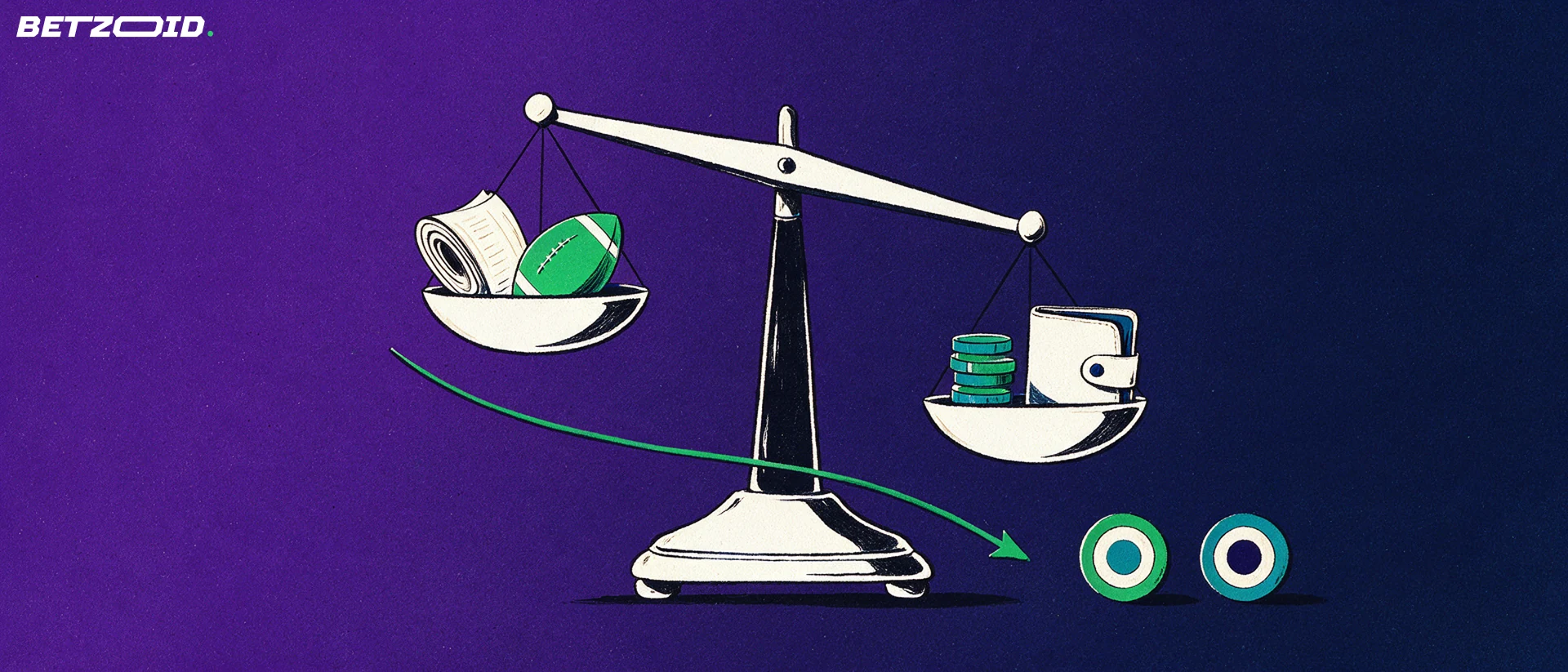Illustration of a balance scale weighing a rolled betting ticket and football against a stack of tokens and a wallet.