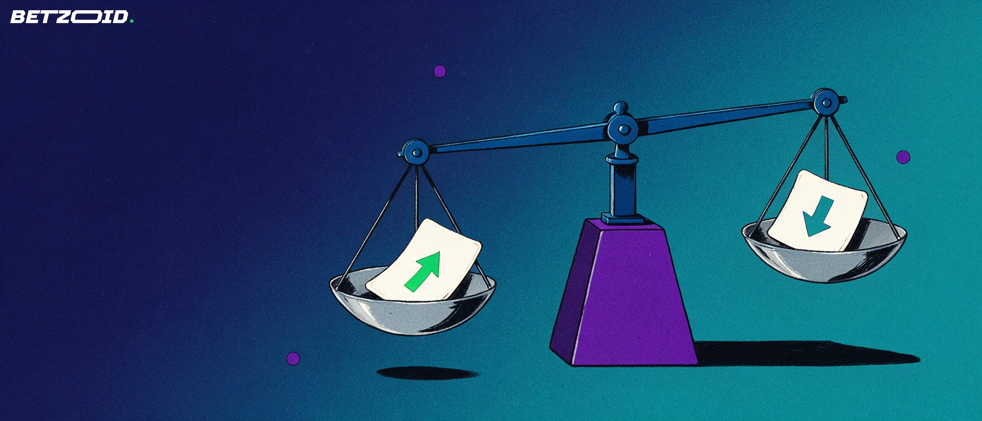 Illustration of a balance scale weighing two betting slips, one marked with an upward arrow and one with a downward arrow.