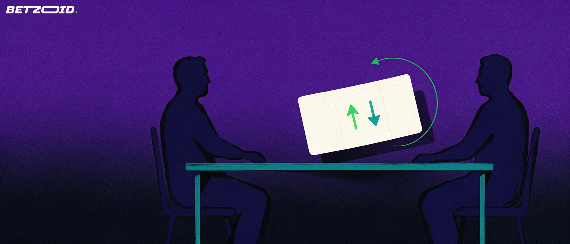 Illustration of two seated adults passing one large ticket between them across a counter, the ticket marked with opposing arrows.