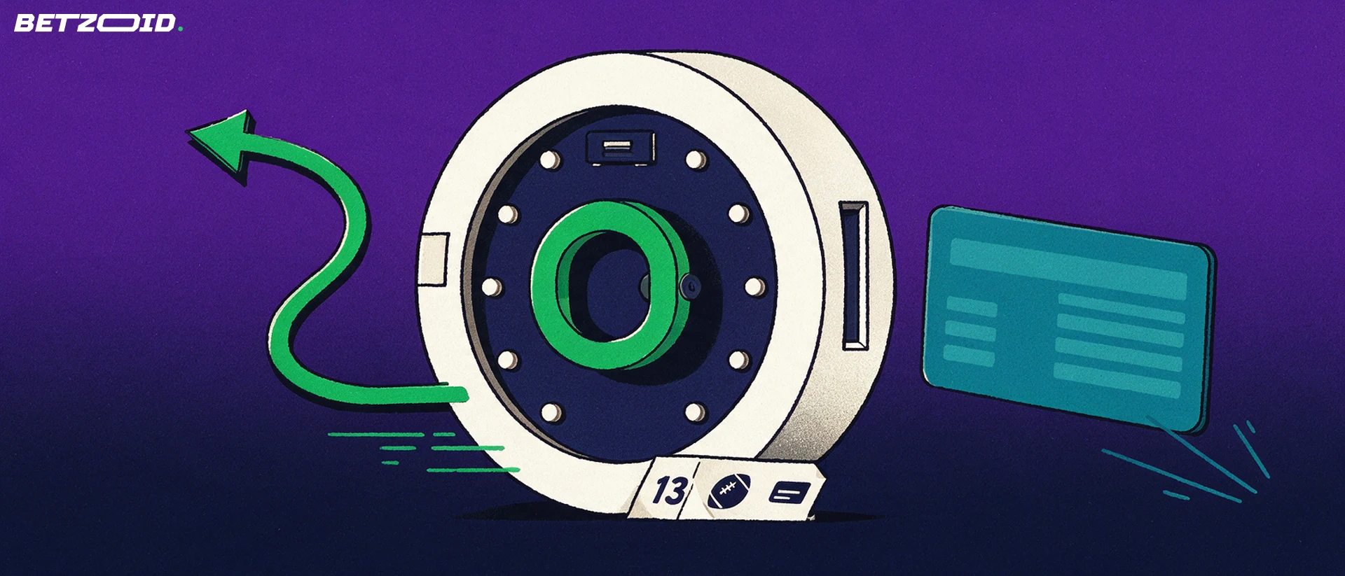 Illustration of a vault door with a horseshoe-shaped handle, a bank card entering a slot and a curved arrow flowing out.