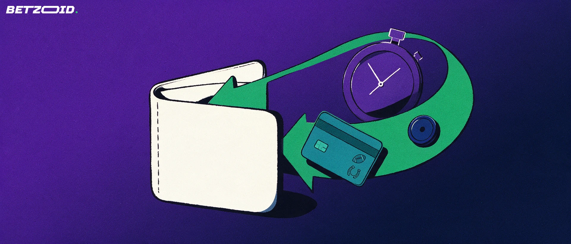 Illustration of a green arrow carrying a bank card and a coin into an open wallet, with a stopwatch behind it