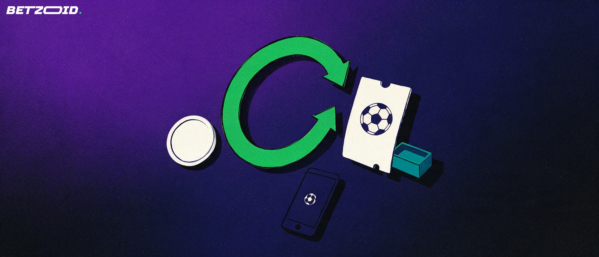 Illustration of a circular arrow loop connecting a plain coin to a sports betting ticket with a football symbol, with a small phone silhouette below.