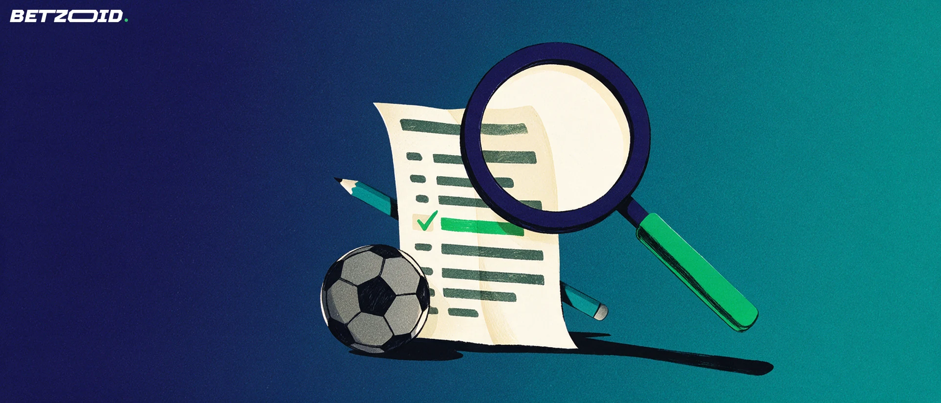 Illustration of a magnifying glass examining a paper betting slip with a check mark beside a soccer ball