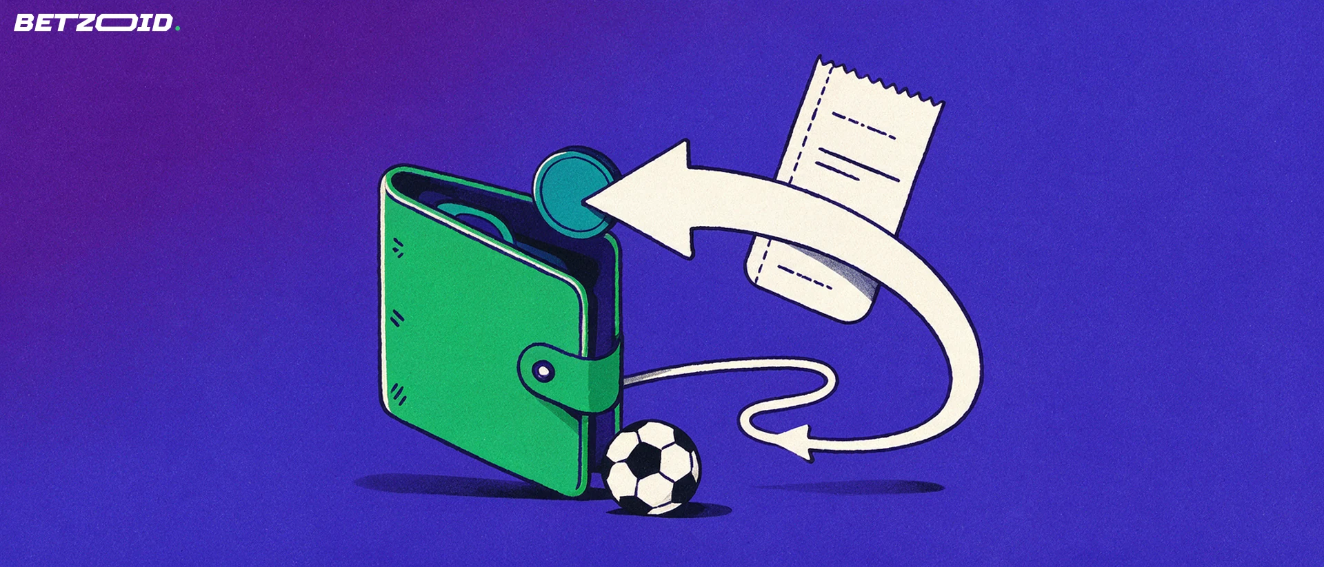 Illustration of a green wallet with curved arrows moving a token in and out beside a betting ticket and soccer ball