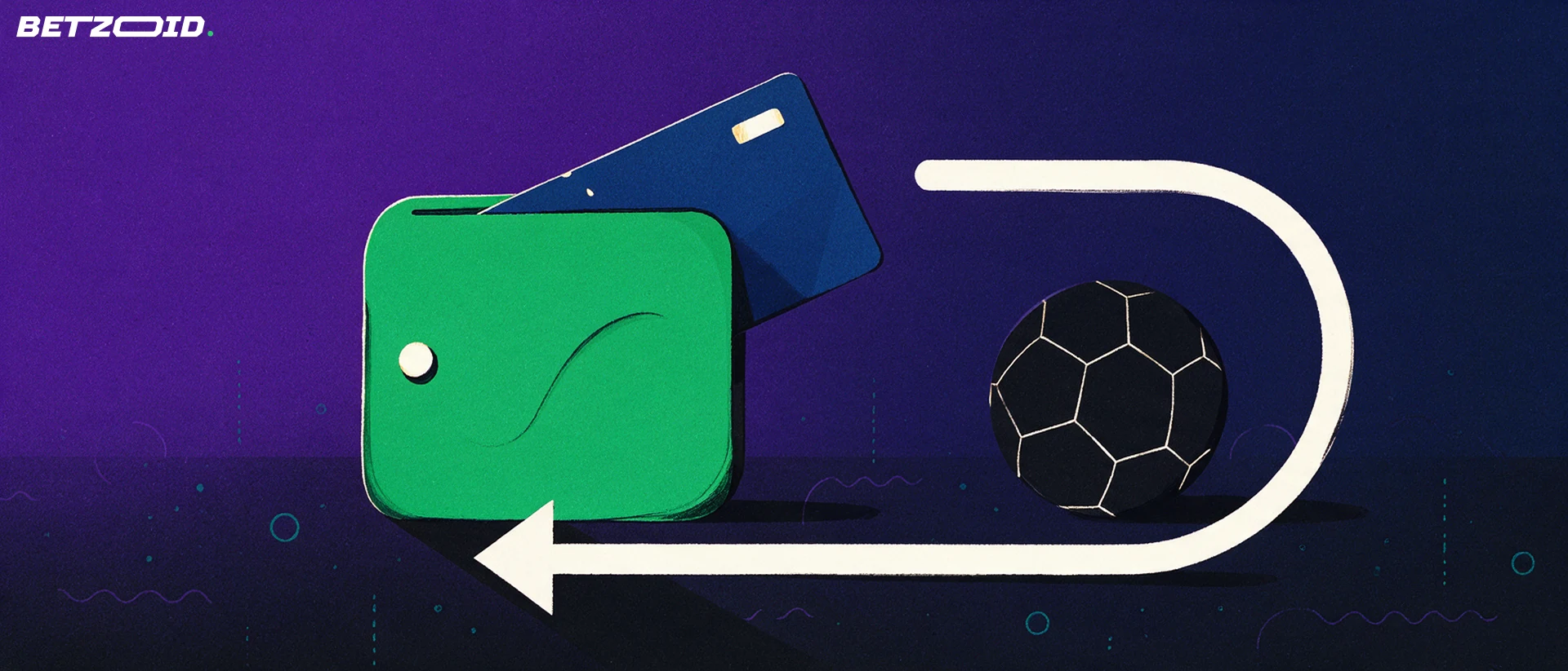 Illustration of a green wallet with a payment card and a looping arrow connecting to a soccer ball, showing deposits and withdrawals.