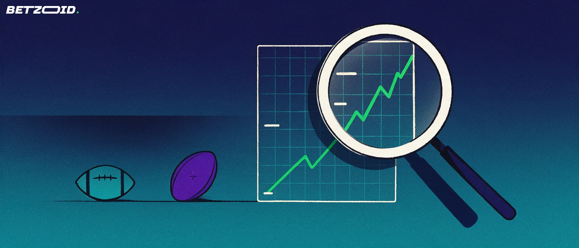Illustration of a magnifying glass examining a rising betting odds line beside a football and a rugby ball.