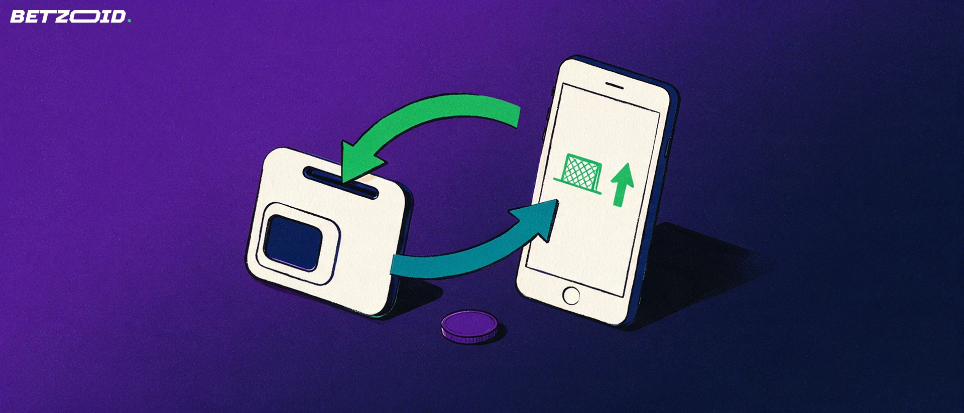 Illustration of a smartphone with sport symbols linked by curved arrows to a wallet-shaped payment card, showing deposits and withdrawals.