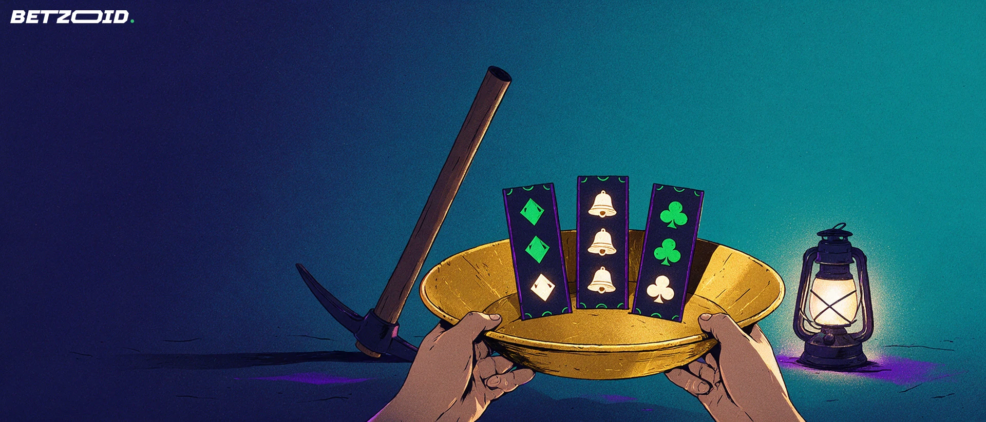 Illustration of hands holding a prospector's gold pan containing slot reel strips with diamond, bell and club symbols beside a pickaxe.