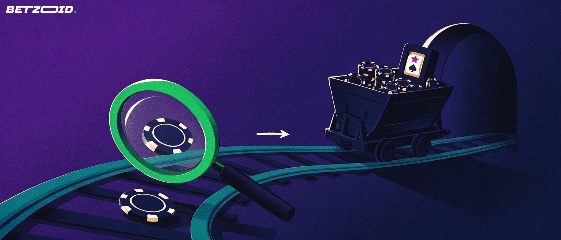 Illustration of a mine cart carrying casino chips and a slot reel panel on curving rails, with a magnifying glass inspecting one chip.