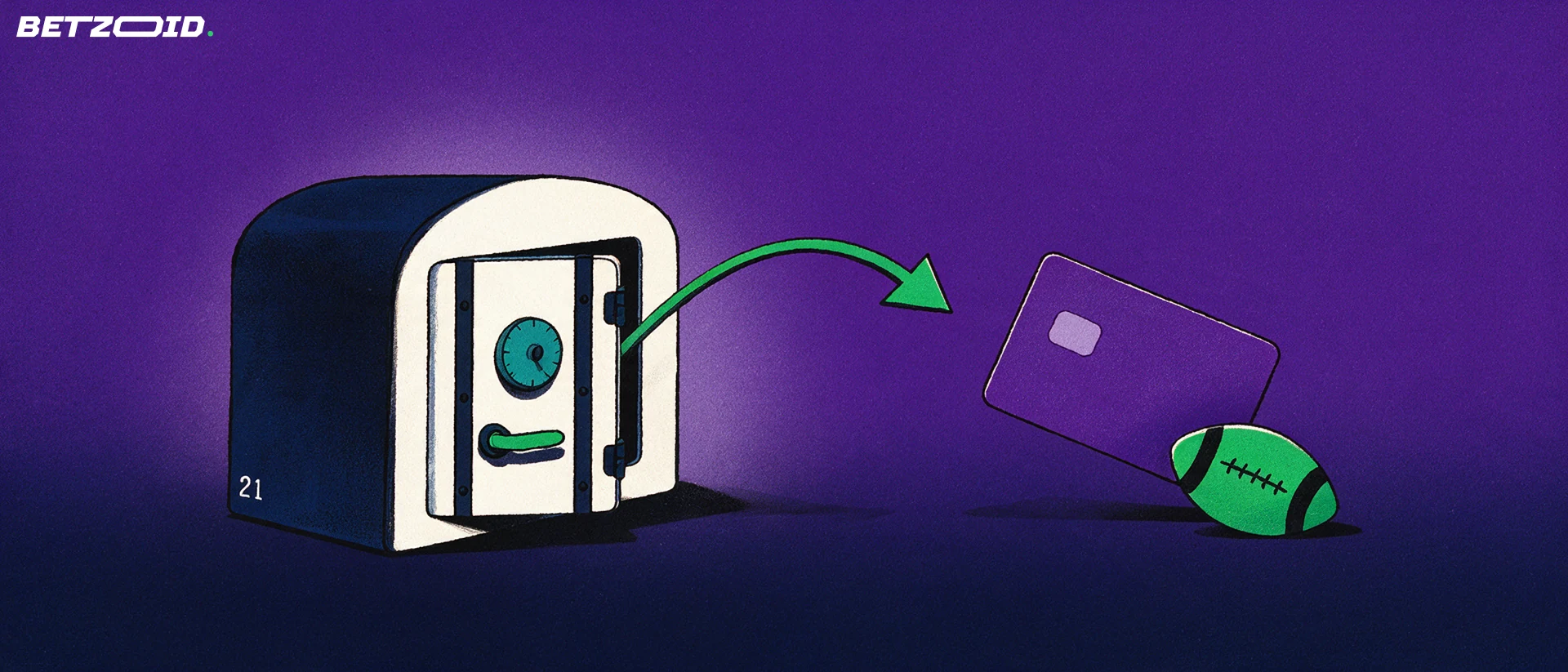 Illustration of a strongbox with a green arrow curving out to a blank payment card beside a small football.