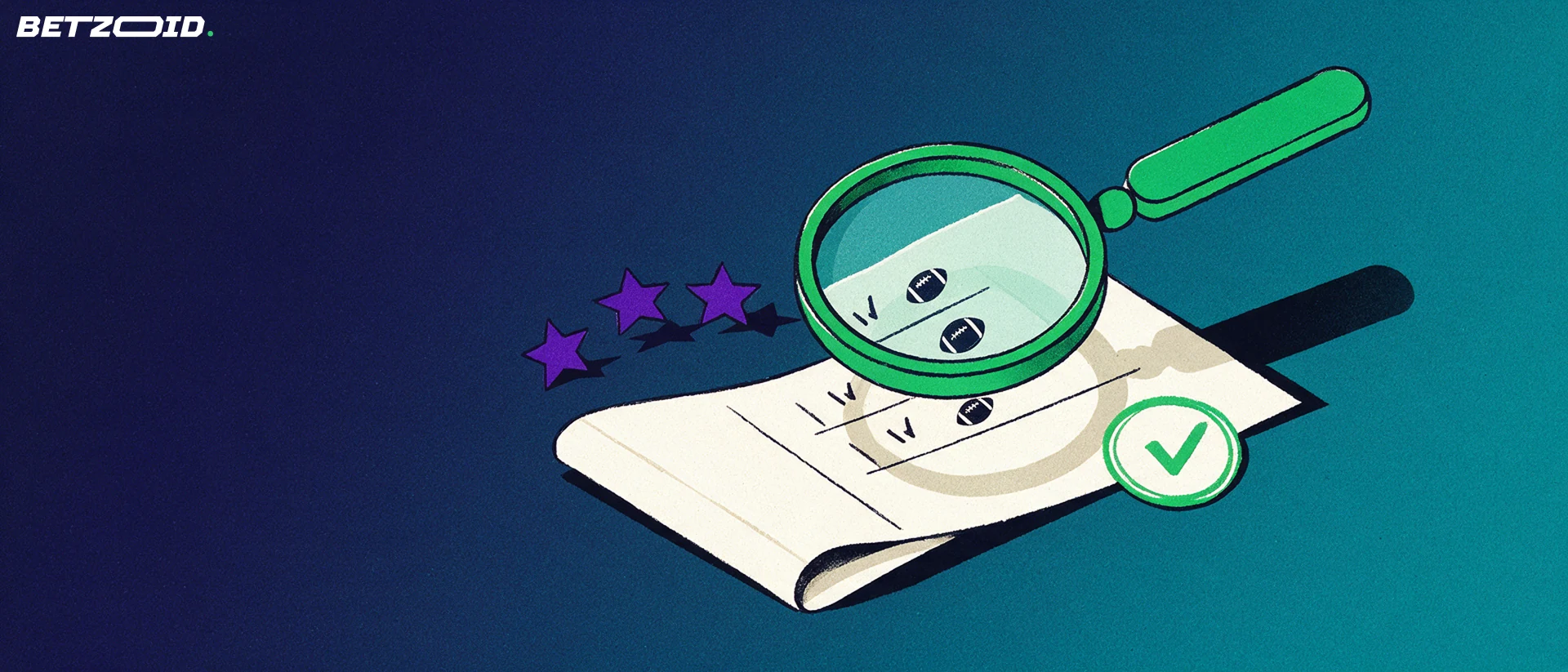 Illustration of a large magnifying glass enlarging a folded sports betting slip marked with ticks and small ball symbols beside three flat stars.
