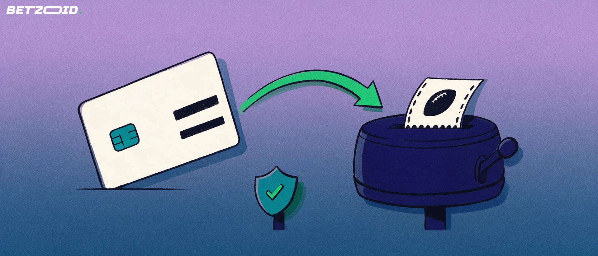 Illustration of a payment card with a curved arrow flowing into a betting terminal that prints a ticket with a football symbol, next to a small shield with a checkmark.