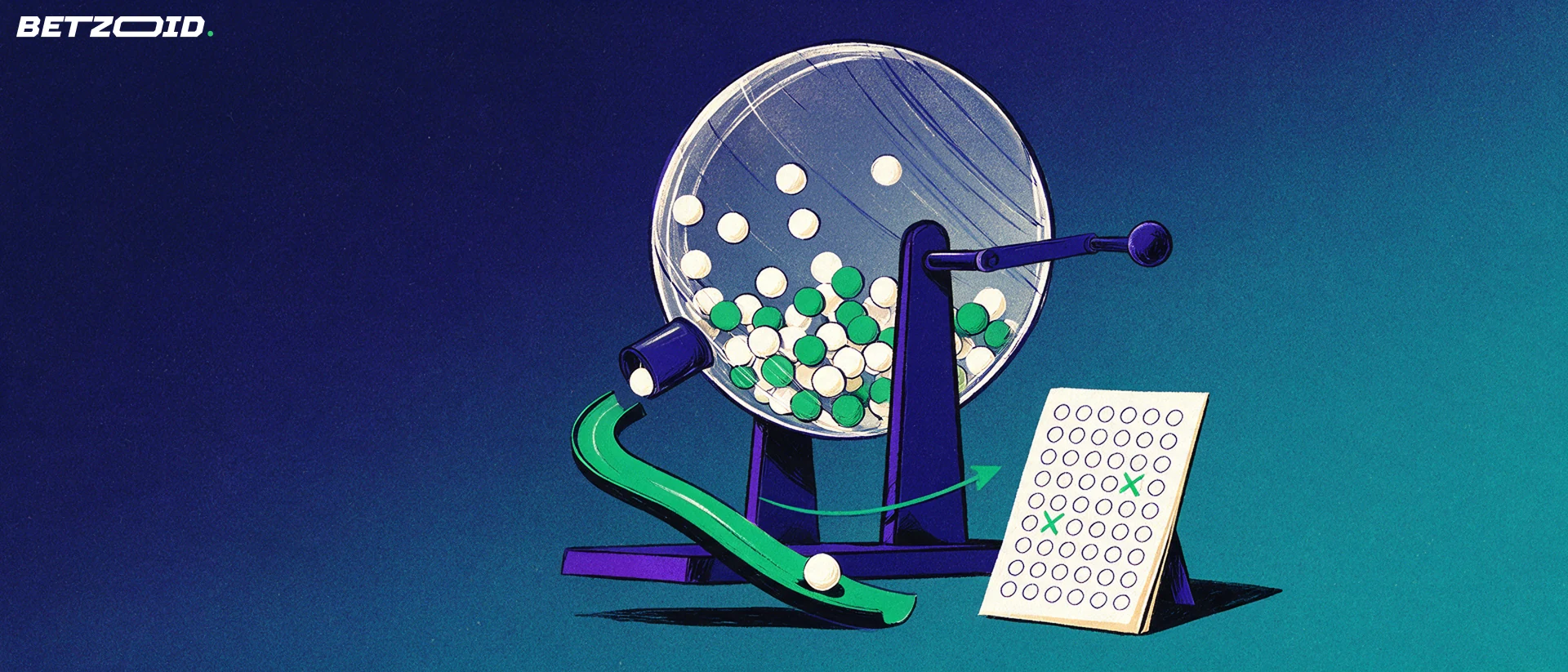 Illustration of a lottery draw drum releasing a ball down a ramp toward a marked betting coupon card.
