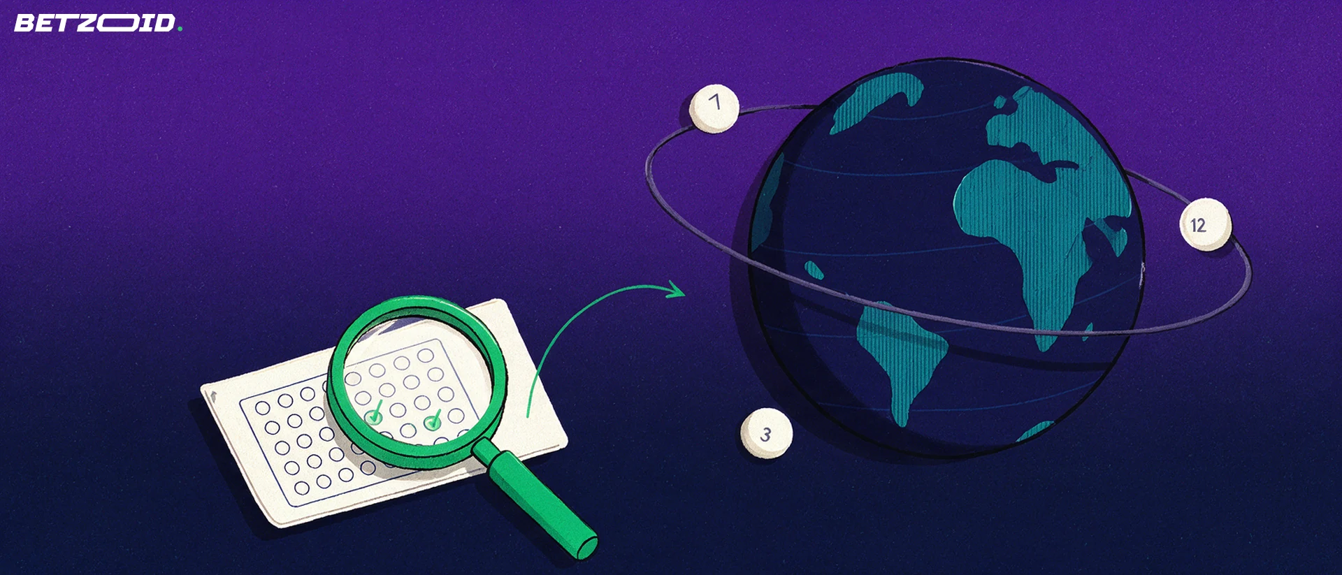 Illustration of a globe orbited by lottery balls with a magnifying glass examining a marked lottery coupon.
