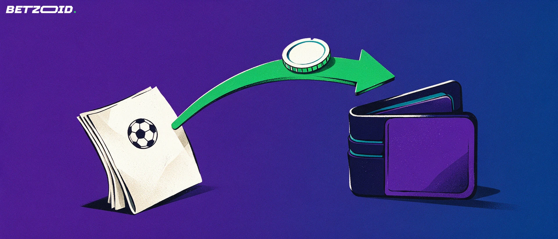 Illustration of a betting slip connected by a curved green arrow to an open wallet receiving a single round token.