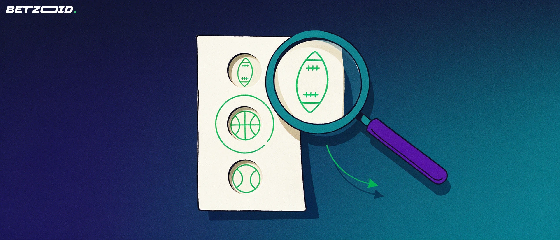 Illustration of a large betting slip with football, basketball and tennis symbols examined through a magnifying glass.