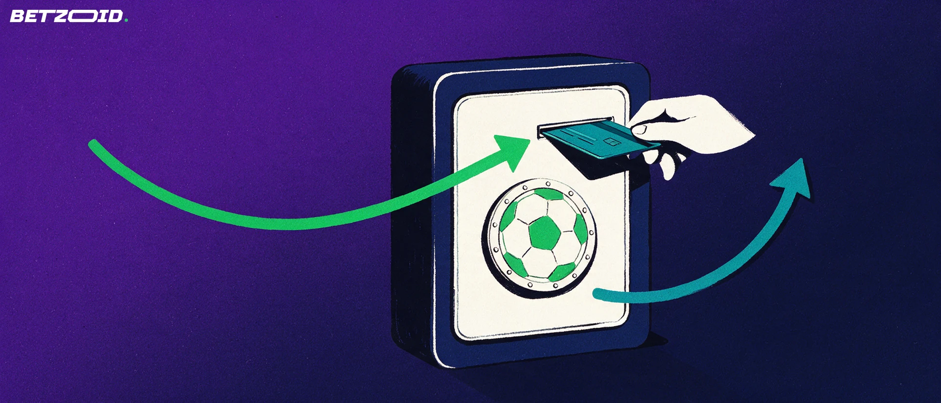 Illustration of a hand inserting a bank card into a safe with a football-patterned dial, with arrows showing deposits and withdrawals.