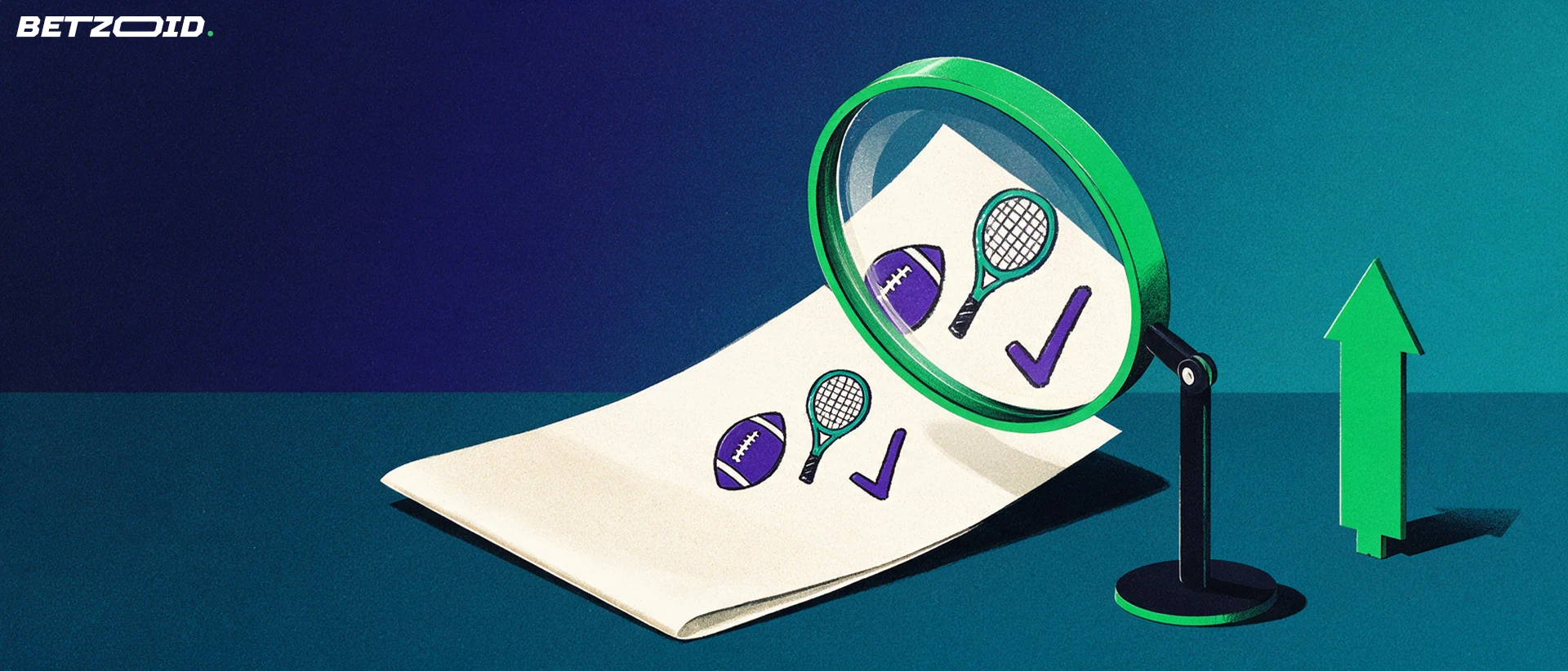 Illustration of a magnifying glass enlarging sport pictograms on a folded paper betting slip beside a simple upward arrow.