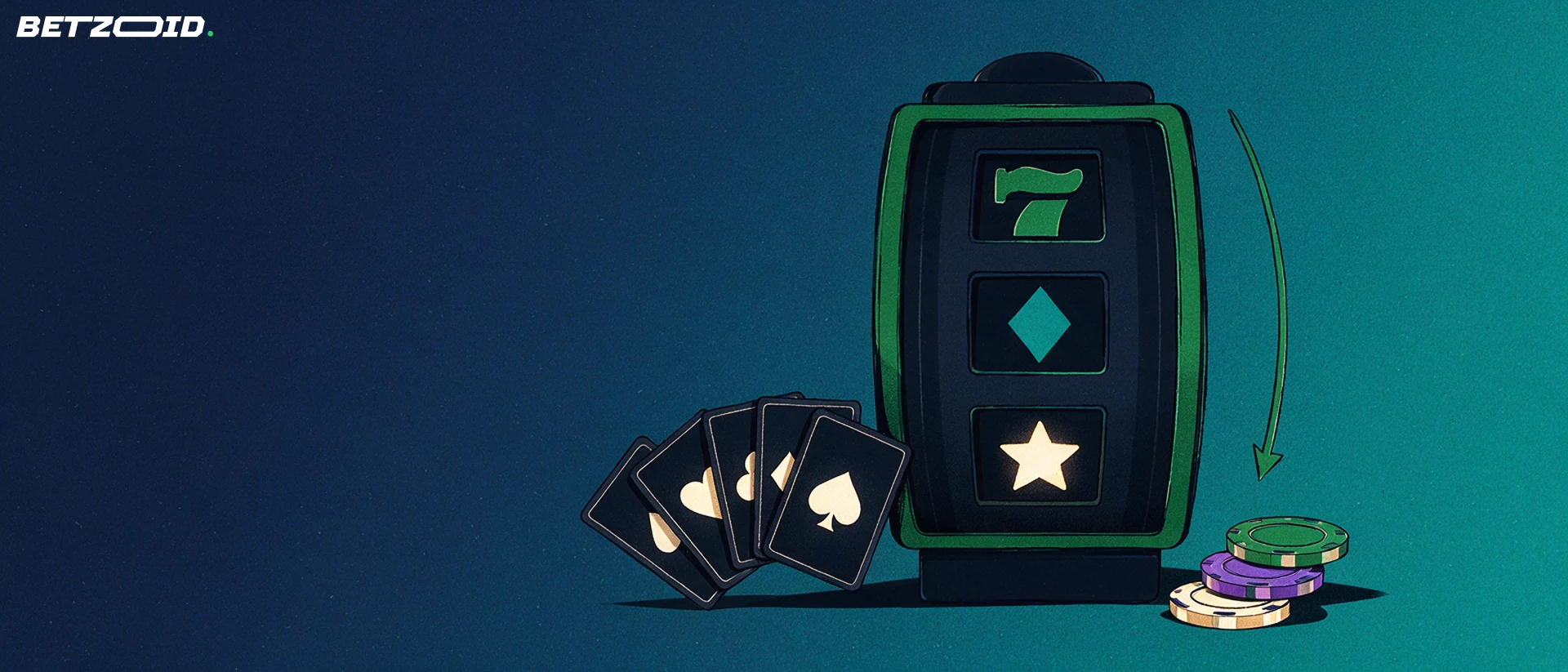 Illustration of a slot machine reel drum with simple symbols beside a fan of playing cards and a small stack of casino chips.