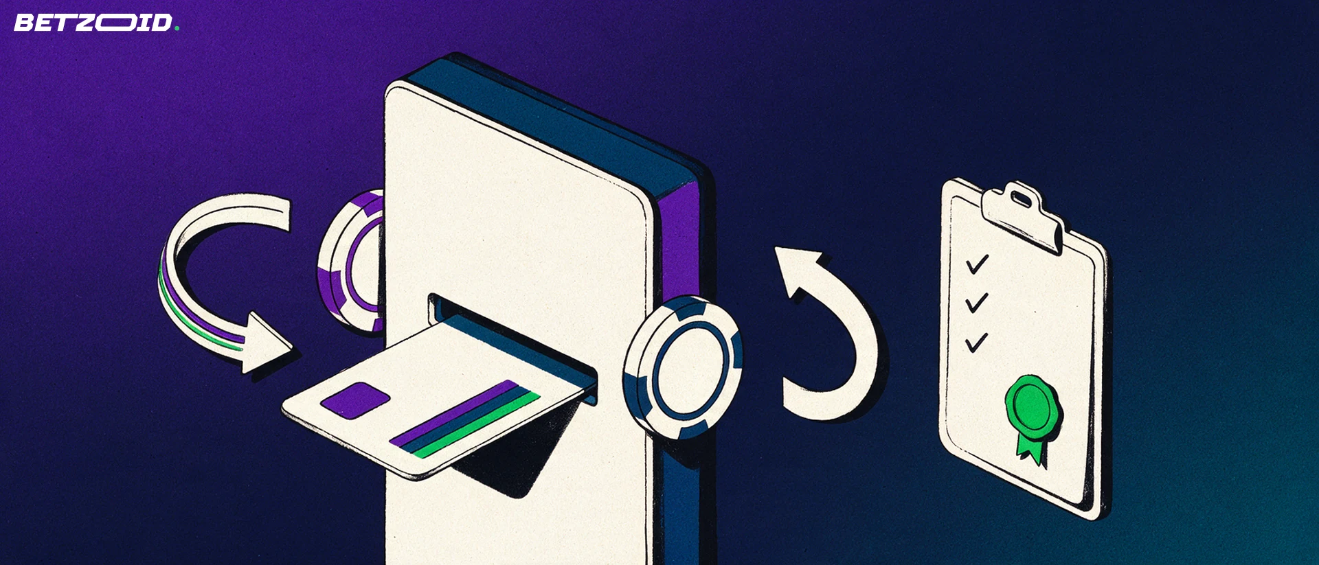 Illustration of a payment card sliding into a chip-shaped safe door with deposit and withdrawal arrows and a sealed checklist clipboard.