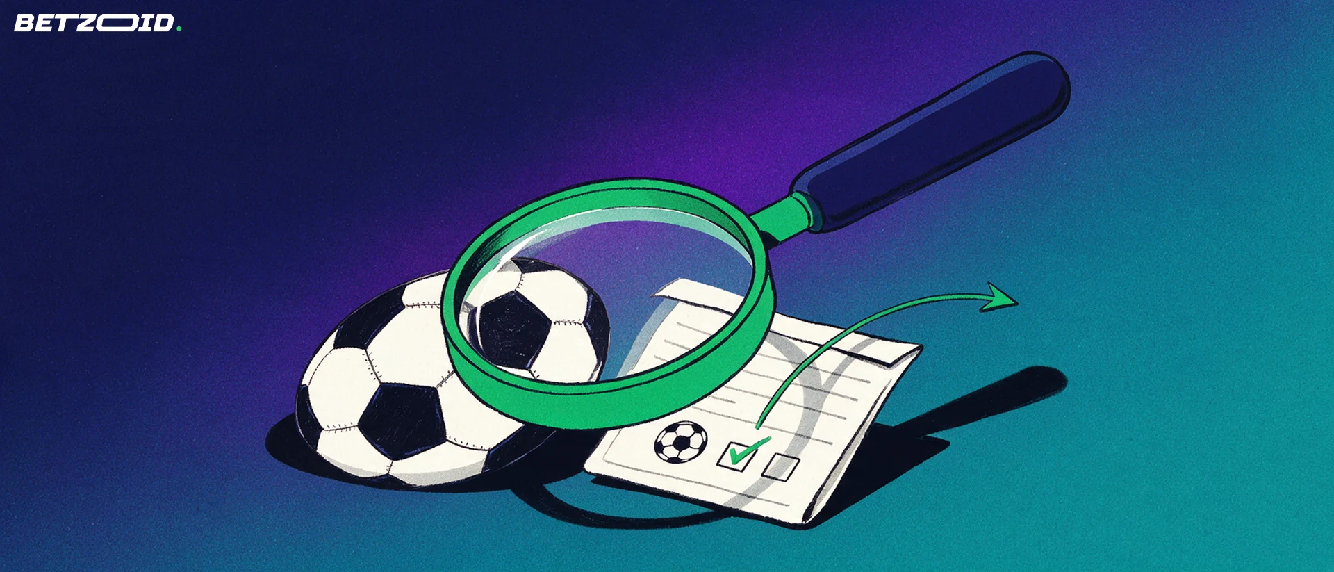 Illustration of a large magnifying glass examining a football and a folded betting slip with a green check mark.