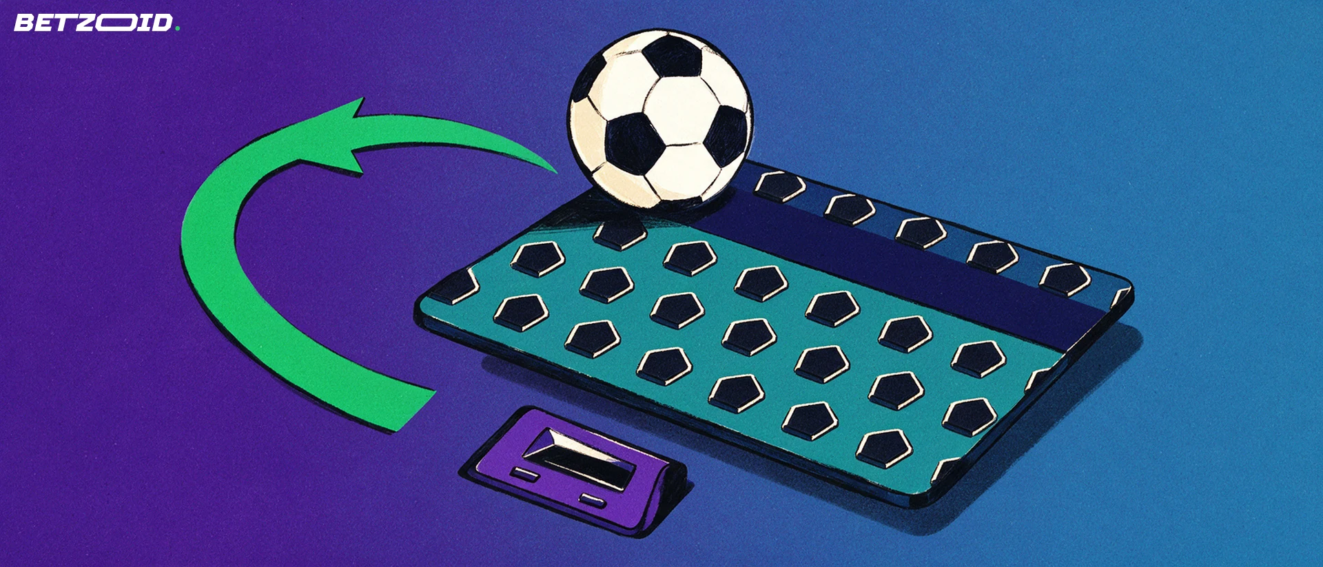 Illustration of a football resting on a tilted payment card patterned with football shapes, with a curved green arrow showing money moving.