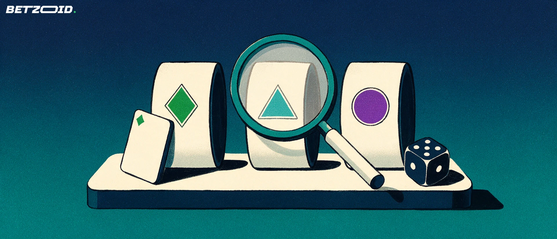 Illustration of a magnifying glass inspecting three slot reels with geometric symbols beside a playing card and a die.