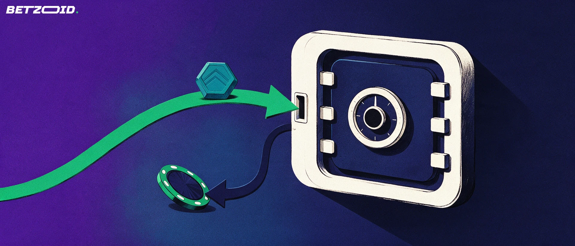 Illustration of a hexagonal digital token travelling along an arrow into a vault-like wallet, with a return arrow and a casino chip.